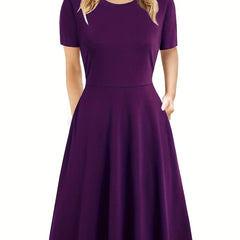 Elegant Retro A-line Dress, Short Sleeve Casual Dress For Spring & Summer, Women's Clothing HASHTAG