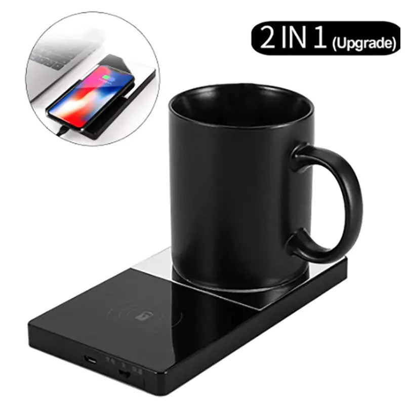 2 In 1 Heating Mug Cup Warmer Electric Wireless Charger For Home Office Coffee Milk HASHTAG