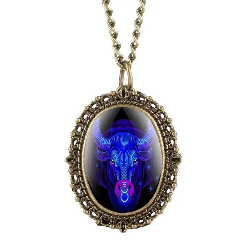 New 12 Constellation Astrology Oval Pocket Watch Unique Fluorescent Blue Zodiac Necklace Pendant Quartz Birthday Gift for Friend