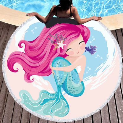 Beach towel Cartoon pink mermaid microfiber round Liebe - Making Life Easier