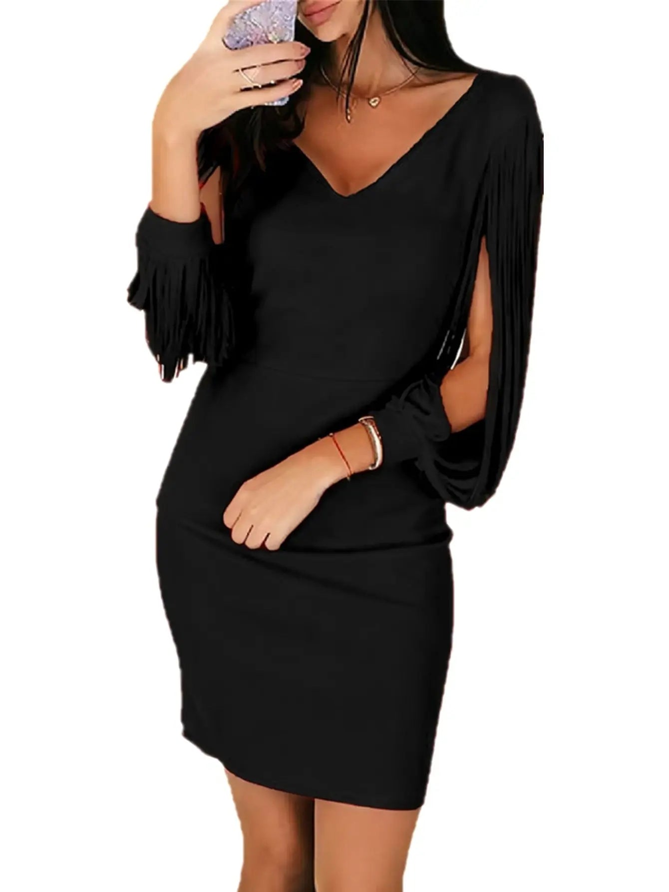 V-neck Tassel Long-sleeve Mini Sheath Party Dress HASHTAG