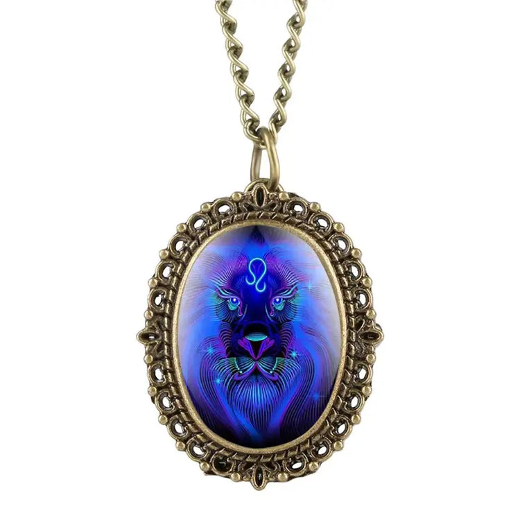 New 12 Constellation Astrology Oval Pocket Watch Unique Fluorescent Blue Zodiac Necklace Pendant Quartz Birthday Gift for Friend