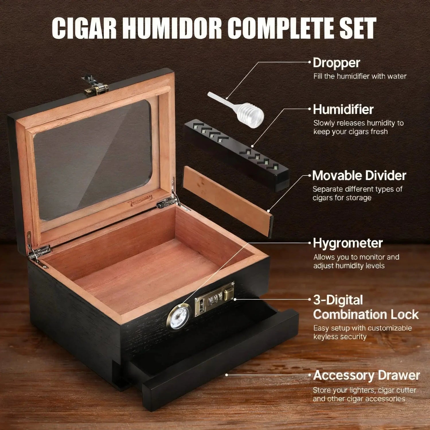 Cigar Humidor Solid Wood Combination Lock, Glass Top Cedar Storage Box Holds 35 Cigars, Humidifier Hygrometer Accessory Drawer HASHTAG