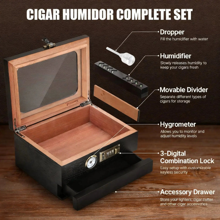 Cigar Humidor Solid Wood Combination Lock, Glass Top Cedar Storage Box Holds 35 Cigars, Humidifier Hygrometer Accessory Drawer HASHTAG