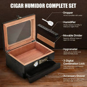 Cigar Humidor Solid Wood Combination Lock, Glass Top Cedar Storage Box Holds 35 Cigars, Humidifier Hygrometer Accessory Drawer HASHTAG