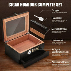 Cigar Humidor Solid Wood Combination Lock, Glass Top Cedar Storage Box Holds 35 Cigars, Humidifier Hygrometer Accessory Drawer HASHTAG