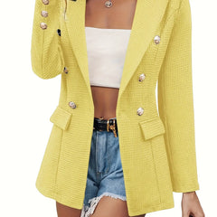 Lapel Double Breasted Blazer, Elegant Long Sleeve Work Office Outerwear With Pockets, Women's Clothing HASHTAG