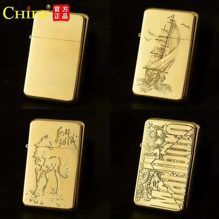 Exquisite Brass Kerosene Lighter Slim Windproof Vintage Grinding Wheel Ignition Lighter Cigarette Accessories Men&