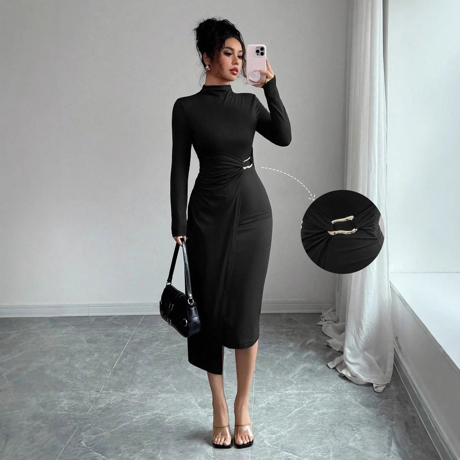 Small Stand-up Collar Knit Solid-color Dress With Metal Buttons HASHTAG