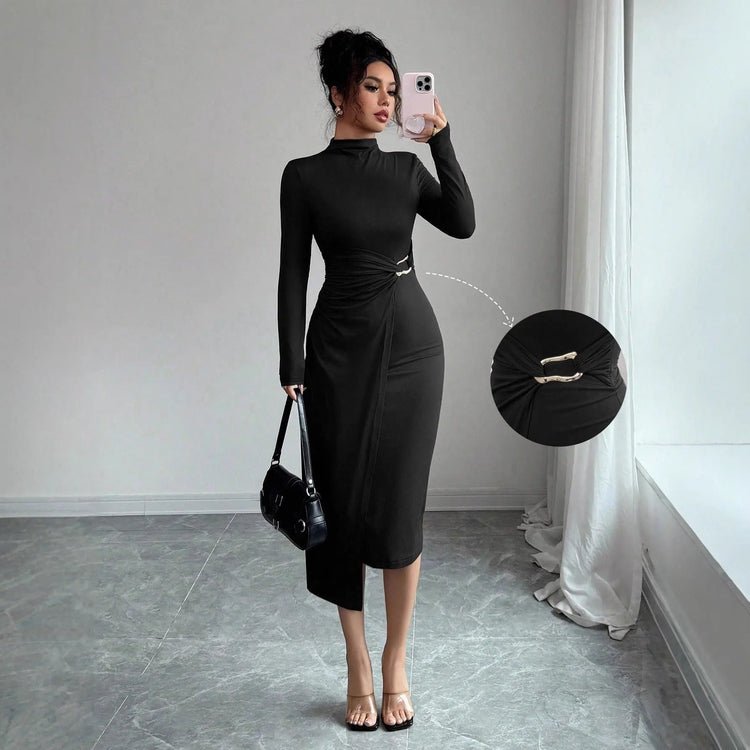 Small Stand-up Collar Knit Solid-color Dress With Metal Buttons HASHTAG