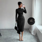 Small Stand-up Collar Knit Solid-color Dress With Metal Buttons HASHTAG