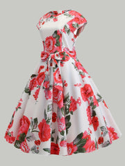 Floral Print Tie Waist Dress, Elegant Crew Neck Cap Sleeve Pleated Dress, Women's Clothing HASHTAG