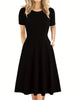 Elegant Retro A-line Dress, Short Sleeve Casual Dress For Spring & Summer, Women's Clothing HASHTAG