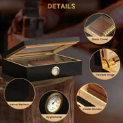 Cigar Humidor Solid Wood with Glass Top, 30 Cigar Capacity Storage Box with Hygrometer Humidifier for Home Decor HASHTAG