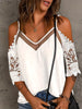 Cold Shoulder Mesh Contrast Blouse, Casual Lace Sleeve V Neck Blouse For Spring & Summer, Women's Clothing HASHTAG