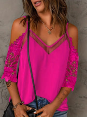 Cold Shoulder Mesh Contrast Blouse, Casual Lace Sleeve V Neck Blouse For Spring & Summer, Women's Clothing HASHTAG