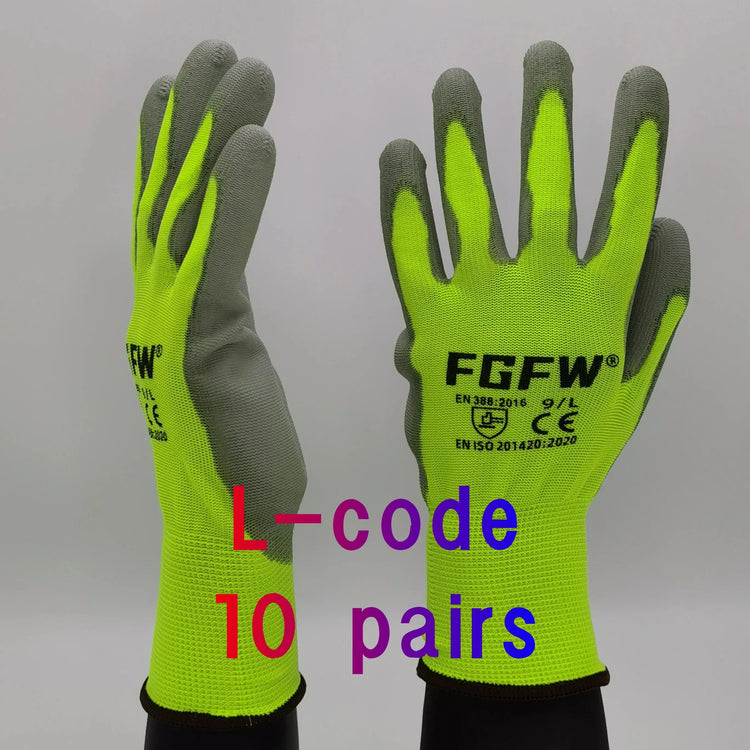 10 Pairs PU Coated Work Gloves - Lightweight, Durable Safety Gloves EN 388/ISO20471 Certified, Sizes S/M/L/XL - HASHTAG