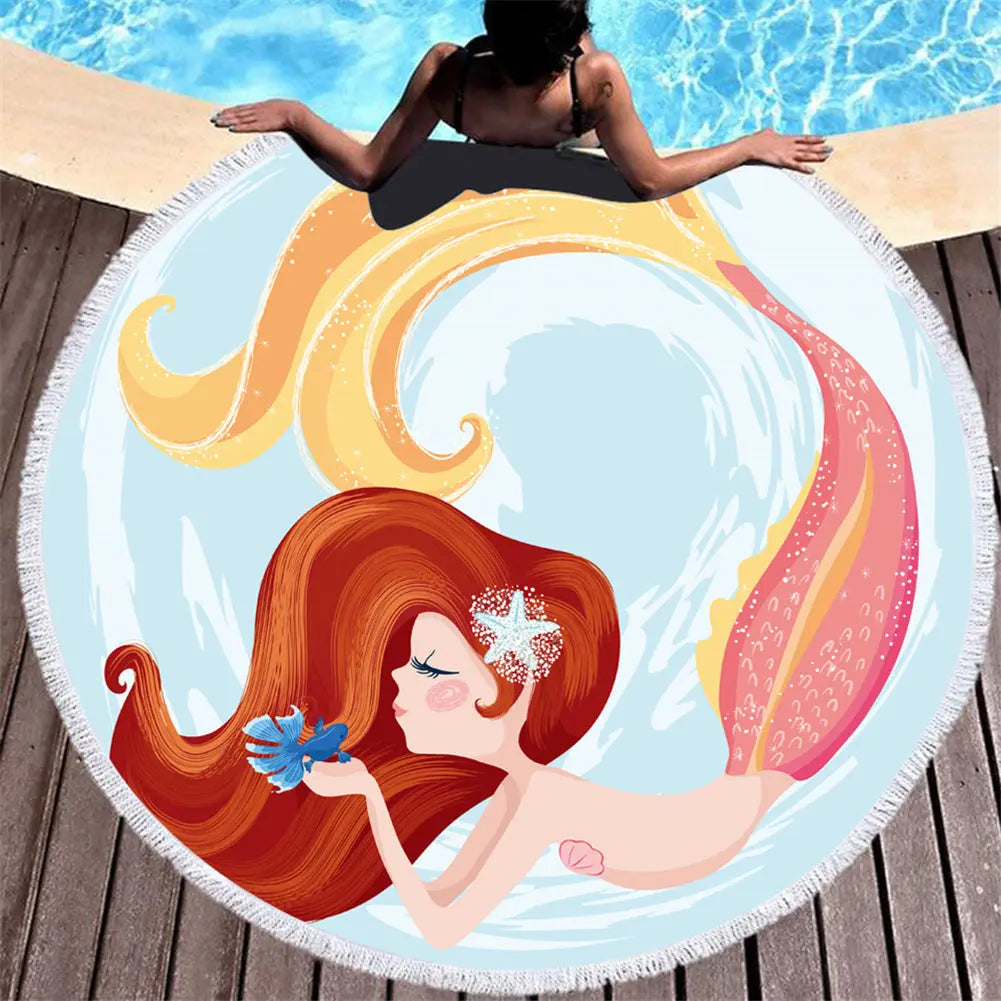 Beach towel Cartoon pink mermaid microfiber round Liebe - Making Life Easier
