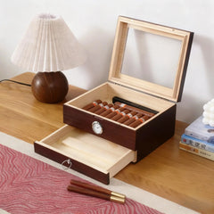 Cigar Humidor Solid Wood Combination Lock, Glass Top Cedar Storage Box Holds 35 Cigars, Humidifier Hygrometer Accessory Drawer HASHTAG