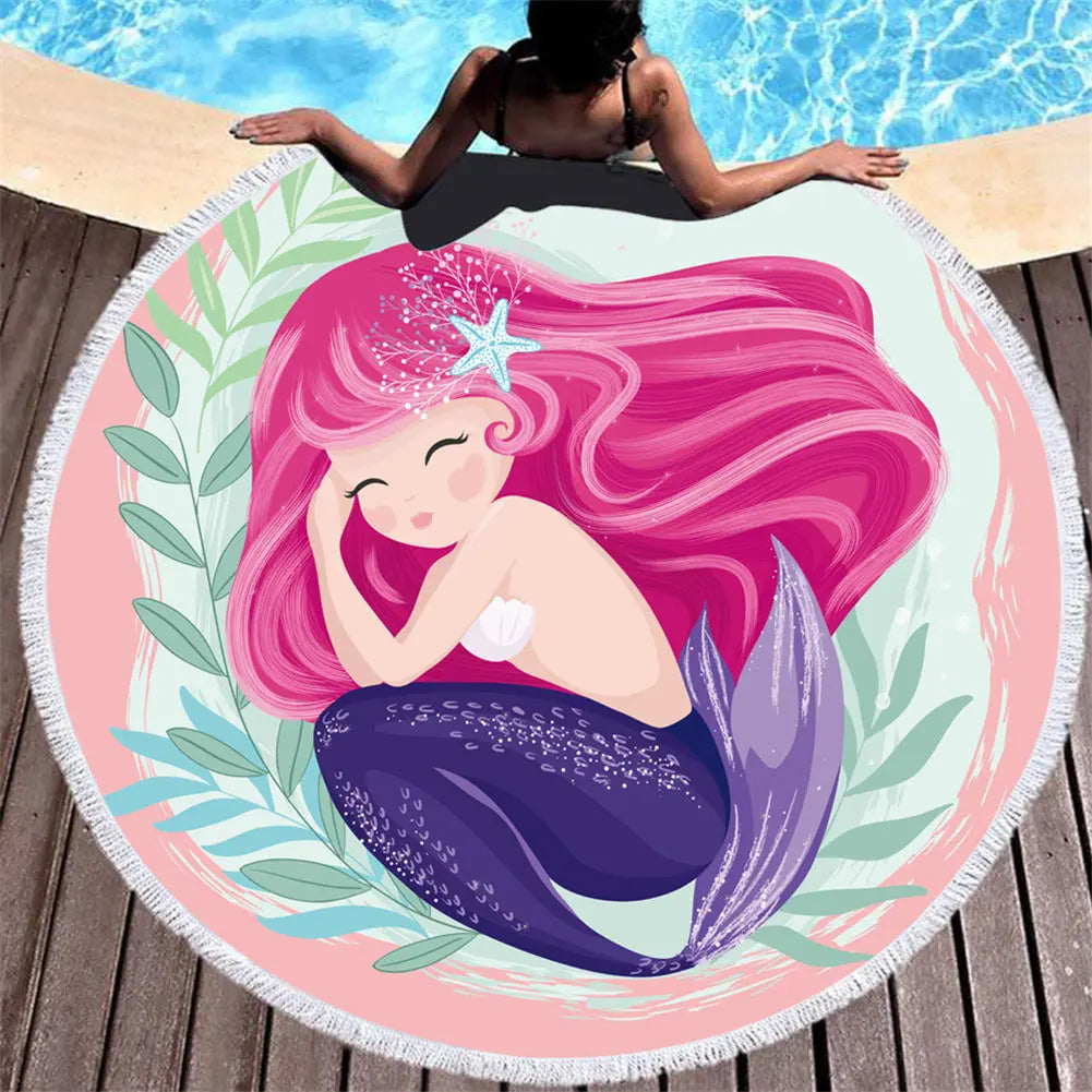 Beach towel Cartoon pink mermaid microfiber round Liebe - Making Life Easier