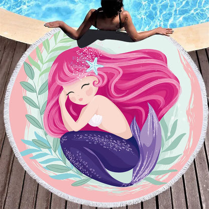 Beach towel Cartoon pink mermaid microfiber round Liebe - Making Life Easier