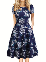 Elegant Retro A-line Dress, Short Sleeve Casual Dress For Spring & Summer, Women's Clothing HASHTAG