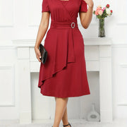 [V Neck Asymmetrical Dress] Asymmetrical V Neck Dress, Vintage Short Sleeve Slim Waist Comfy Dress, Women's Clothing Wedding/Evening dress/Occasion/Engagement/Ceremony HASHTAG