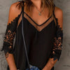 Cold Shoulder Mesh Contrast Blouse, Casual Lace Sleeve V Neck Blouse For Spring & Summer, Women's Clothing HASHTAG