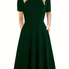Elegant Retro A-line Dress, Short Sleeve Casual Dress For Spring & Summer, Women's Clothing HASHTAG