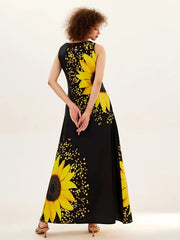 Sunflower Print Keyhole Dress, Casual Crew Neck Sleeveless Maxi Dress With Pocket, Women's Clothing For Elegant Dressing HASHTAG