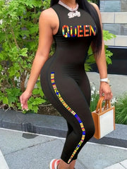 Queen Letter Print Tank Jumpsuit, Slim Solid Casual Jumpsuit For Spring & Summer, Women's Clothing HASHTAG
