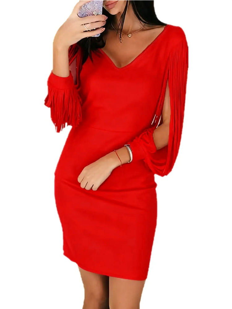 V-neck Tassel Long-sleeve Mini Sheath Party Dress HASHTAG