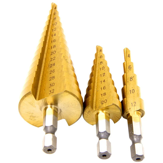 Step Drill Titanium Plated Hexagonal Shank Straight Groove 3-12/4-12/4-20/4-32mm Pagoda Drill Drilling Tool Accessory Set HASHTAG