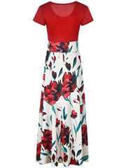 Printed Splicing Crew Neck Dress, Elegant Short Sleeve Slim Waist Pleated Maxi Dress, Women's Clothing For Elegant Dressing HASHTAG