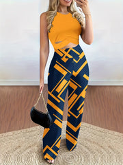 Casual Two-piece Pants Set, Crop Tank Top & Geo Print Pants Outfits, Women's Clothing HASHTAG
