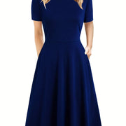 Elegant Retro A-line Dress, Short Sleeve Casual Dress For Spring & Summer, Women's Clothing HASHTAG