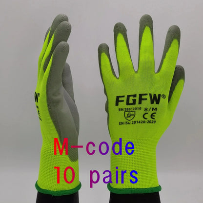 10 Pairs PU Coated Work Gloves - Lightweight, Durable Safety Gloves EN 388/ISO20471 Certified, Sizes S/M/L/XL 