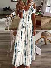 Floral Print Maxi Dress - Short Sleeve, V Neck, Casual, Lace Up, Women's Clothing for Everyday Wear HASHTAG