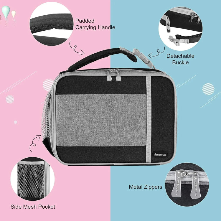 Kids Lunch Box with Supper Padded Inner Keep Food Cold Warm for Longer Time, Leak-Proof Solid Insulated School Lunch Bag with Multi-Pocket for Teen Boys Girls,Cpc Certified Grey Black