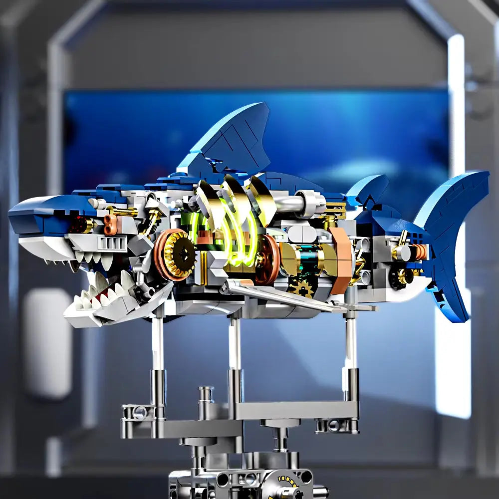 Mechanical Shark Building Set, Shark Sea Life Building Blocks Set with Display Stand and Lights, Block Gift for Kids and Adults