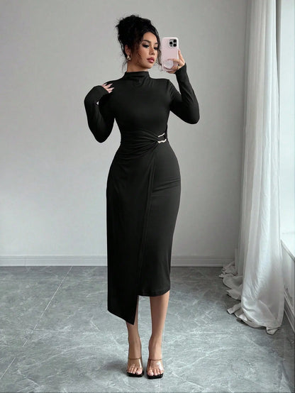 Small Stand-up Collar Knit Solid-color Dress With Metal Buttons HASHTAG