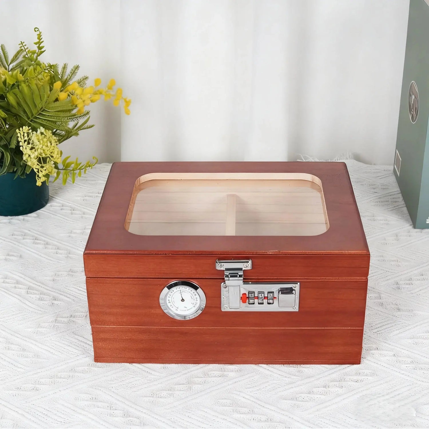 Cigar Humidor Solid Wood Combination Lock, Glass Top Cedar Storage Box Holds 35 Cigars, Humidifier Hygrometer Accessory Drawer HASHTAG