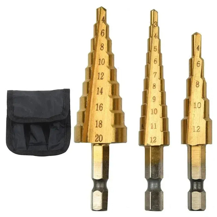 Step Drill Titanium Plated Hexagonal Shank Straight Groove 3-12/4-12/4-20/4-32mm Pagoda Drill Drilling Tool Accessory Set HASHTAG