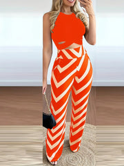 Casual Two-piece Pants Set, Crop Tank Top & Geo Print Pants Outfits, Women's Clothing HASHTAG