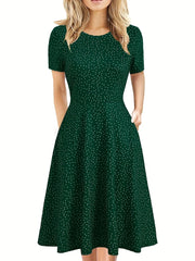 Elegant Retro A-line Dress, Short Sleeve Casual Dress For Spring & Summer, Women's Clothing HASHTAG