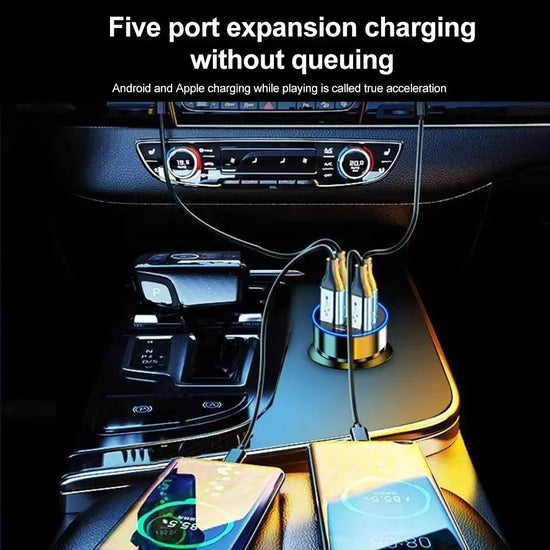 66-250W PD Car Charger QC3.0 Fast Charge One to Six Car Cigarette Lighter Plug Car Charger Flash Charge with Digital Display 