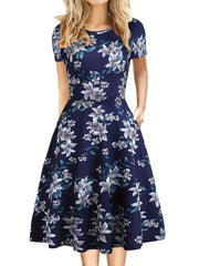 Elegant Retro A-line Dress, Short Sleeve Casual Dress For Spring & Summer, Women's Clothing HASHTAG