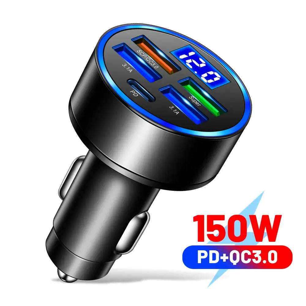66-250W PD Car Charger QC3.0 Fast Charge One to Six Car Cigarette Lighter Plug Car Charger Flash Charge with Digital Display - HASHTAG