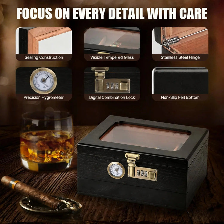 Cigar Humidor Solid Wood Combination Lock, Glass Top Cedar Storage Box Holds 35 Cigars, Humidifier Hygrometer Accessory Drawer HASHTAG