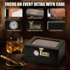 Cigar Humidor Solid Wood Combination Lock, Glass Top Cedar Storage Box Holds 35 Cigars, Humidifier Hygrometer Accessory Drawer HASHTAG